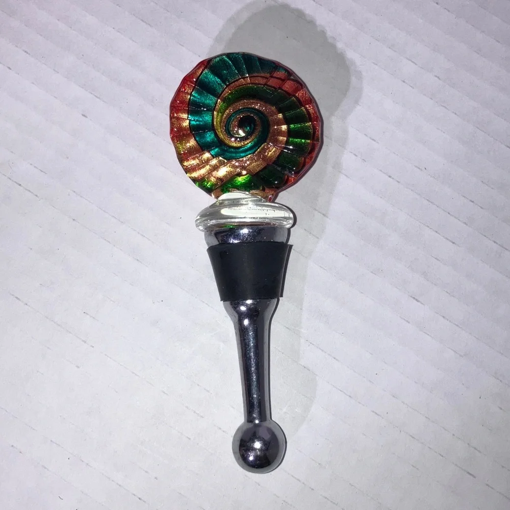 Colorful Swirl Wine Stopper Glass & Metal Red‎ Blue Green Gold